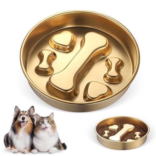 Golden Stainless Steel Slow Feeder Dog Bowls – Non-Slip Metal Dog Bowl for Large & Medium Breeds, Puppy Puzzle Feeder – 2 Cup Capacity for Small to Big Pets – Durable Slow Feed Dog & Cat Food Dish