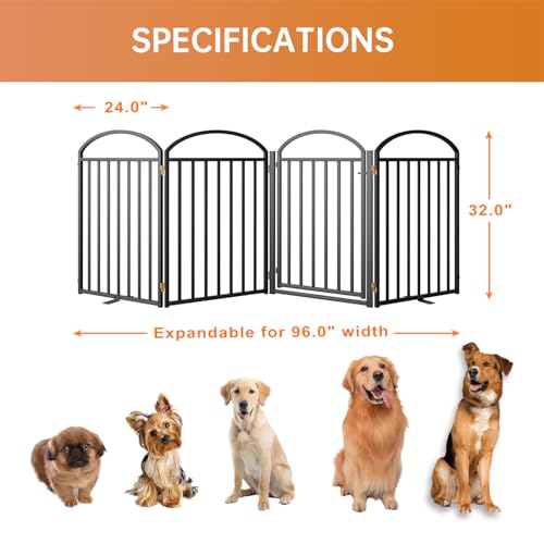 SNUOWU 4 Panels Full Matel Freestanding Dog Gates with Door, 96"Extra Wide 32"Tall Free Standing Dog Pet Gate for Indoor & Outdoor. Foldable Pet Fences for Doorways, House, Stairs, Porch, Deck, Yard