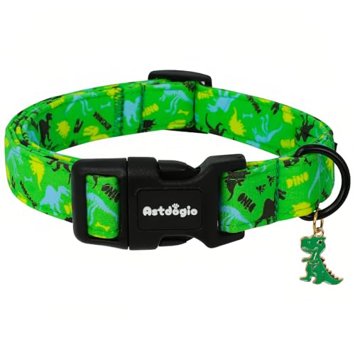 Astdogio Dog Collars for Small Medium Dogs, Dinosaur Dog Collars for Male Dogs，Adjustable Cotton Boy Dog Collars for Small Dogs，Ideal, Daily Photos & Pet Fashion Accessory, S