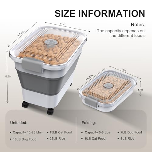 Dog Food Storage Container, 15-23 Lbs Collapsible Dog Food Container with Transparent Airtight Lid, Wheels and Scoop, Travel Pet Food Storage Container for Cat, Dog and Bird, Keep Dry Food Fresh