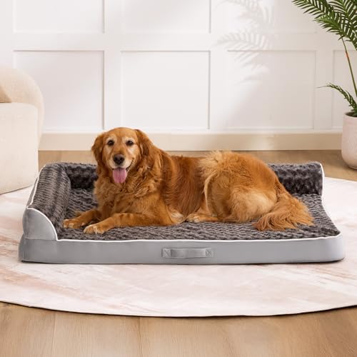 Aeroluxe Dog Beds Large Sized Dogs, XL Orthopedic Dog Beds for Large Dogs 42"x30"x7.5", Waterproof Pet Bed with Washable Cover, L-Shaped Pet Couch with Portable Handle, Grey