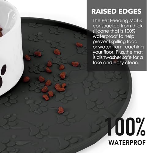 Silicone Pet Food Mat - Waterproof Dog & Cat Feeding Mat with High Lip to Prevent Spills & Protect Floors, Black