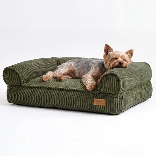 FUKUMARU Dog Couch Bed, Corduroy Cozy Cat Bed for Indoor Cats with Washable Cover, 28in Waterproof Orthopedic Dog Beds Sofa for Small Dogs and Large Cats, Cute Warm Cotton Pet Sofa, Green