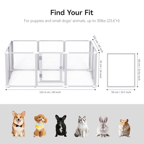 Clear Acrylic Dog Play Pen Indoor Pet Enclosure for Small Dogs & Cats, Outdoor Use with Door, Easy Assemble & Cleaning