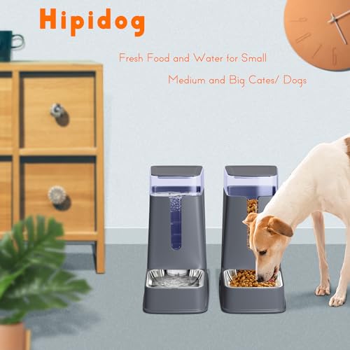 Hipidog Cat Food Dispenser and Cat Water Dispenser Set with Stainless Steel Bowls Gravity Dog Feeder for Small Medium Big Cat Dog Pet Puppy Kitten, 1 Gallon x 2
