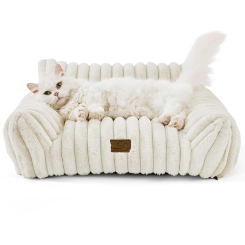 Bedsure ComfyFleece™ Cute Cat Couch for Pets - As Seen on TV on Good Day New York, Fluffy Cats beds for Indoor Cats with Removable Washable Cover, Supportive Pet Sofa, 24inch, Cream