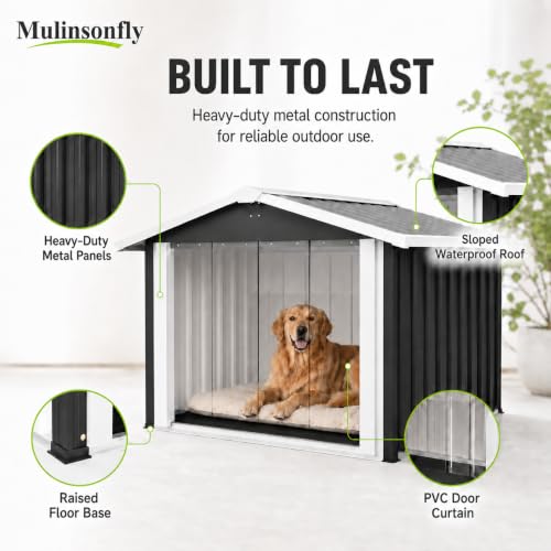 Mulinsonfly 40 Inch Heavy Duty Metal Dog House for Medium and Large Dogs, Outdoor Dog Shelter with Raised Floor, PVC Curtain, Vent and Sloped Roof, Weather Resistant for Backyard Patio
