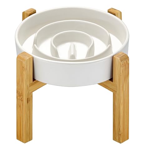 MOPANG Ceramic Slow Feeder Dog Bowls Elevated, 2.0 Cups Slow Feeder for Medium Dogs, Puzzle Maze Bowl to Slow Down Eating, 30oz, 8in, White