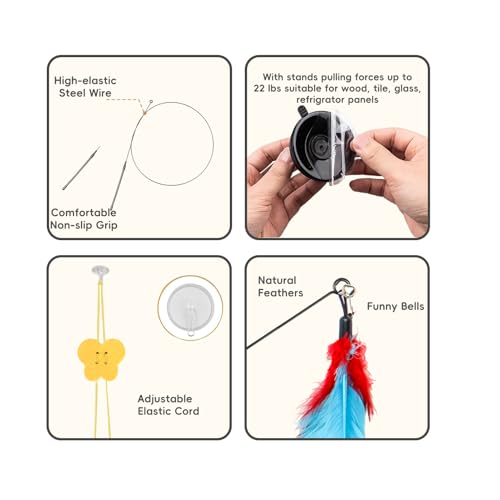 BURCHLIFE 4-in-1 Interactive Cat Toys Set - Feather, String,Suction Cup Cat Toy Stick & Wand Toys with 15 Replaceable Attachments for Indoor Cats