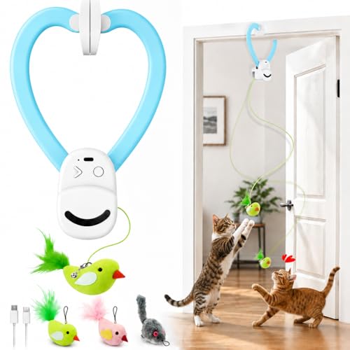 Interactive Cat Toys for Indoor Cats: Automatic Flying Bird Feather Wand Chase Exercise Enrichment Stimulation, USB Rechargeable Durable Safe Hanging Toy for Bored Kittens Adult Multi Cat Households
