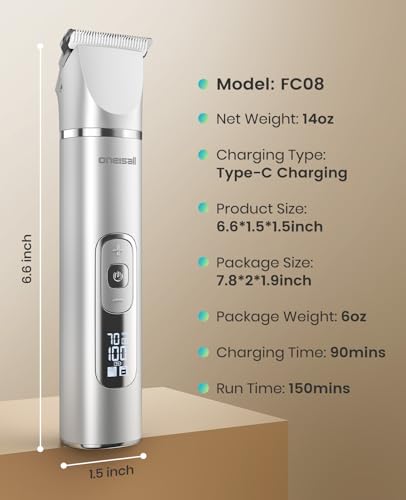 oneisall 4 in 1 Dog Grooming Kit with LCD Display, Dog Hair Trimmer for Paw Nail Grinder, Rechargeable Cordless Low Noise IPX7 Waterproof Pet Clippers