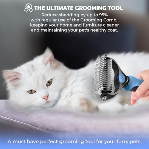 Undercoat Rake for Dogs & Cats, Dematting Comb with Extra Wide Double-Sided Stainless Steel Teeth for Detangling, Deshedding, Brushing, Thinning & Removing Shed Fur, Knots, Mats, and Tangles in Pets