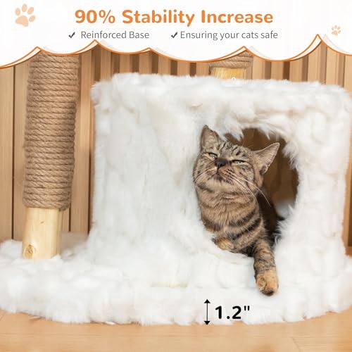 COZIWOW Modern Cat Tree Tower, Cloud Cat Tree with Solid Natural Wood Scratching Post, Luxury Condo & Perches, Aesthetic White Cat Furniture for Indoor Large Cats, 34" L X 17.7" W X 41.7" H