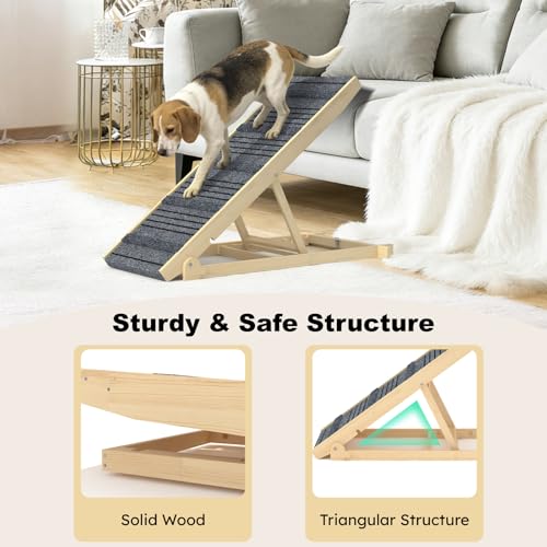 TIMHAKA Dog Ramp for Bed, 40 Inch Dog Ramp for Couch, Supports Up to 150lbs, with 10.2" to 26.8" 7 Height Setting, Non Slip Carpet Surface and Foot Pads, Wooden Folding Pet Ramps for High Bed, Sofa