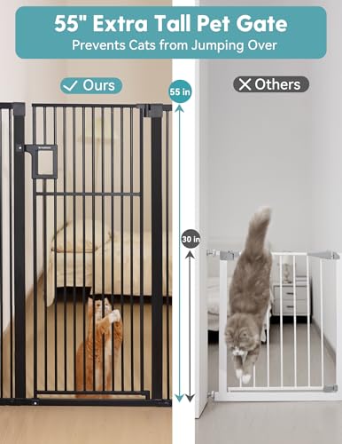 No Pawblems 55" Extra Tall Pet Gate for Cat, 29-43" Auto Close Cat Gate for Doorways/Stairs/Hallways, NO Drilling Pressure Mounted Tall Dog Gate Indoor, 1.37" Pet-Safe Gap, Black