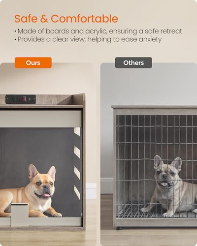 Feandrea Modern Dog Crate Furniture with Charging Station, Medium Kennel Indoor with Flip-up Hidden Acrylic Door, for Small and Medium Dogs up to 45 lb, Pet Side End Table Cage, Heather Greige