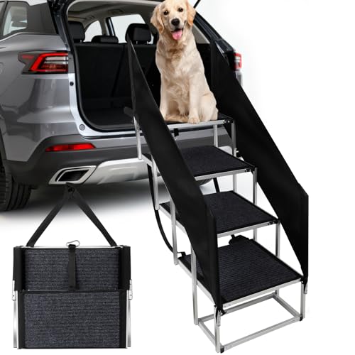 Dog Stairs with Guardrail for Large Dogs Extra Wide 20 Inch Step, High34 in 4 Step Foldable Dog Ramp, Supports up to 230 lbs Designed for Oversized SUVs, Off Road Vehicles, and Pickup Trucks- Felt
