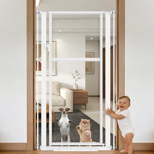 56" High Extra Tall Cat Gate, 29.5-33.46" Wide Clear Acrylic Baby Gate for Doorways Stairs, No Drilling Pet Safety Gate Indoor, Metal Frame Transparent Door for Cats- White