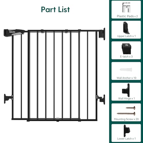 Babelio Baby Gate for Stairs, Kitchen & Doorways, No Bottom Bar| One-Handed Operation| Auto-Close| Hardware Mount (Drill Needed) Safety Dog/Pet Gate (Black - B17, 26-43" W, 28" H)