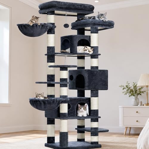 Hey-brother Cat Tree, 74 inches Multi-Level XL Large Cat Tower for Indoor Cats with Three Cat Condos, Two Large Top Decks and Cat Hairbrushfor Kittens, Cats and Pets, Smoky Gray MPJ035-MG