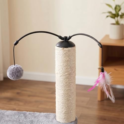 Roypet 32" Cat Tree for Indoor Cats, 2-in-1 Cat House with Sisal Scratching Post & Ramp, 2-Level Cat Tower with Rotatable Feather & Ball Toys, Stable Grey Cat Condo for Small/Medium Cats, Grey