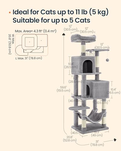 SONGMICS HOME Cat Tree for Indoor Cats, Multi-Level Cat Tower with Sisal Scratching Posts, Hammock and Condo, Light Gray
