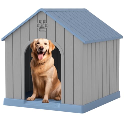 Fancyango Large Dog House Outdoor Indoor for Medium Large Dogs, Sturdy Plastic Waterproof Doghouse with Air Vents and Elevated Floor, Easy Clean and Assemble (Light Blue, 36.2''L×38''W×38''H)
