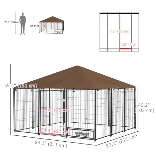 PawHut Outside Dog Kennel, 7' x 7' x 5' Puppy Play Pen with Canopy, Garden Playpen Fence Crate Enclosure Cage Rotating Bowl, for Dogs, Chickens, Ducks, Black