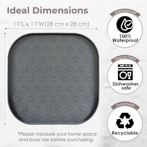 Pet Feeding Mat, Waterproof Anti-Slip Placemats for Dog Cat Bowl Silicone Pet Food Mat, Raised Edge Prevent Spills on Floor & Carpet, Dishwasher Safe (Black, 11" x 11")