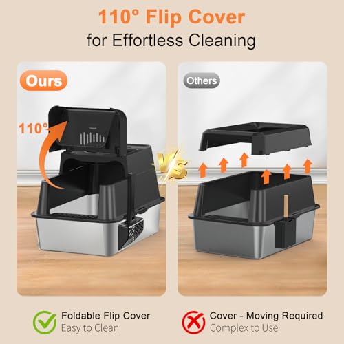 URPOWER Stainless Steel Cat Litter Box with 110° Flip-Top Lid Extra Large Enclosed Litter Box Non-Sticky Metal Pan with High Sided & Scoop, Odor Free, Front & Top Entry, Anti-Leakage, Easy Cleaning