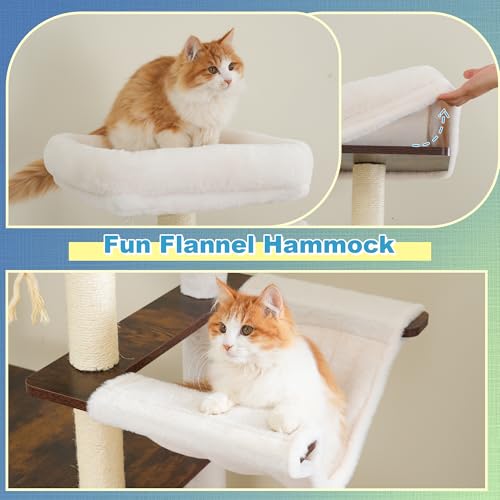 Hey-brother Wooden Cat Tree, 69.7 inch Cats Furniture Tower with Large Platforms, Hammocks, Spacious Condo, Full Sisal Scratching Posts, Ladder, Brush, Water Proof Surface, Rustic Brown MPJ121SR