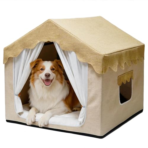 Pelemee Indoor Dog House, Breeze Pet Tent with Sturdy Frame & Window, Dog Cave Bed with Washable Cover for Medium-Large Dogs (36-66 lb), 29", Cream