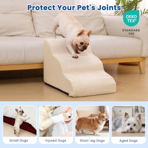 Airpanda Dog Stairs for Small Dogs and Cats – 3 Step Pet Ramp for Couch & Sofa, Non-Slip Dog Steps for Pets, Washable Cover, High-Density Support Foam for Easy Climbing,Beige