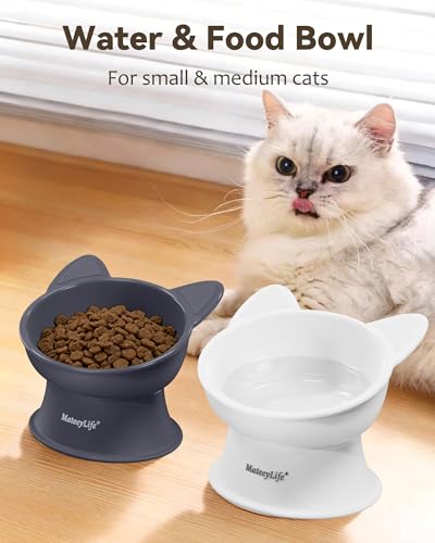 MateeyLife Elevated Cat Bowls, 2P Raised Food and Water Bowl Set for Indoor Cats & Small Dogs, Whisker Fatigue Cat Bowl, Anti Vomit Feeding Pet Bowls, 6 oz Each, Dishwasher Safe - White & Grey