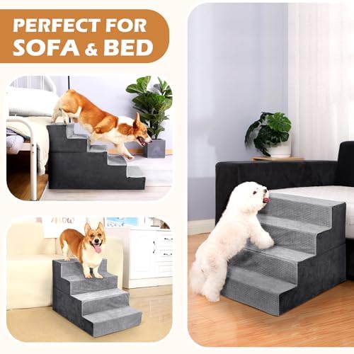 Heeyoo Dog Stairs for Small Dogs,5-Step Dog Steps for High Bed and Couch, High-Density Foam Pet Steps with Supporting Board, Non-Slip Removable Washable Cover, Grey