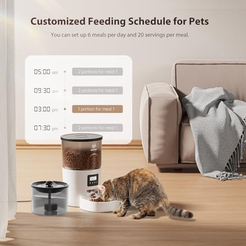IMIPAW Automatic Cat Feeder and Water Fountain, Timed Dry Food Dispenser, Programmable Portion Control, 1-6 Meals Per Day, Desiccant Bag, Cat Fountains for Drinking with Filter, Small Pets (3L Combo)
