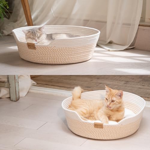 CHEERHOME PETS Cat Bed Basket with Cushion, Cotton Rope Woven Pet Bed for Indoor Cats Couch, Stimulicat Cat Bed Handwoven Breathable, All Season Universal (White)