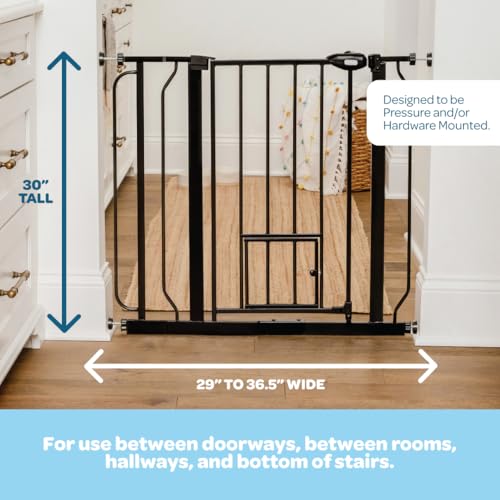 Carlson 29.5–36.5” Extra Wide Dog Gate with Small Pet Door, Walk-Through Pressure Mounted Metal Indoor Pet Safety Gate, Black, Tested and Trusted by Pet Parents, American Designed, American Owned