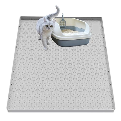 Jacooxi Cat Litter Mat for Litter Box, Silicone Large Cat Litter Trapping Mat - 34x22 in, Waterproof & Non-Slip, Durable & Easy Clean, Light Gray