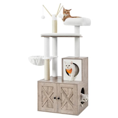 Feandrea Cat Tree with Litter Box Enclosure, 59-Inch Modern Cat Tower, 2-in-1 Condo with Scratching Posts, Washable Removable Cushion, Greige UPCT113G01