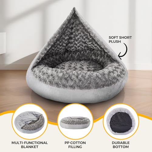 Cave Dog Bed with Blanket Easy to Assemble Donut Round Plush Cozy Cat Pet Bed for Puppy Machine Washable Removable Cover Cat Anti-Slip Bottom Gray 26X26X8 inch