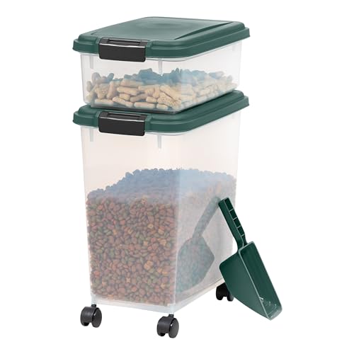 IRIS USA Remington Dog Food Storage Container, 30 lbs, 11 lbs, Airtight, Stackable, Wheels, Food Storage, Treat Box, 2-Cup Scoop