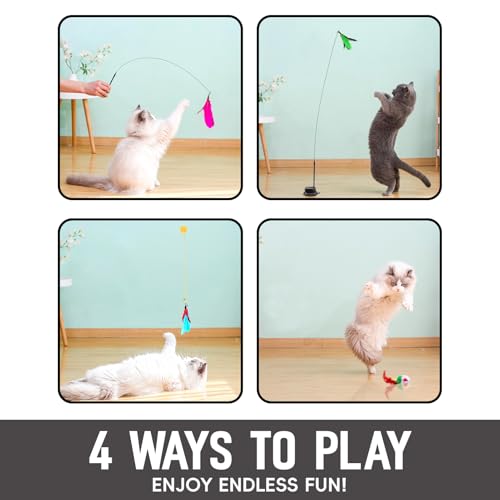 BURCHLIFE 4-in-1 Interactive Cat Toys Set - Feather, String,Suction Cup Cat Toy Stick & Wand Toys with 15 Replaceable Attachments for Indoor Cats