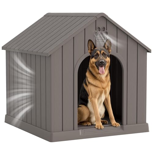 Fancyango Large Dog House Outdoor Indoor for Medium Large Dogs, Sturdy Plastic Waterproof Doghouse with Air Vents and Elevated Floor, Easy Clean and Assemble (Grey, 36.2''L×38''W×38''H)