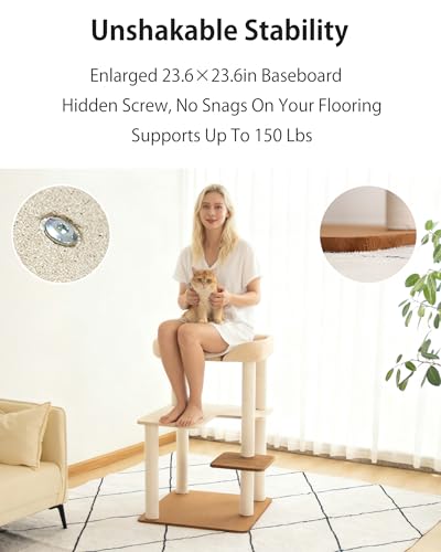 PETTIFUL Cat Tree for Large Cats, Modern Senior Friendly Cat Tower with Wide Shelves, Cotton Scratching Posts, Super Sturdy Base, Cozy Perches, and Interactive Toys for Indoor Kittens, 37.4'' Cream.