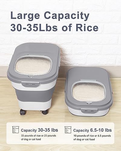 DDMOMMY 20-30 Lbs Rice Storage Container,Collapsible Food Storage Containers with Rolling Wheel Airtight Locking Lid,Flour Storage Container with Cup and Scoop,Suitable for Food,Rice,Pet Food,Flour