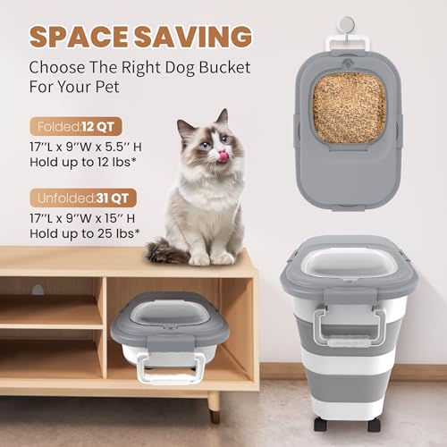 DDMOMMY 23-25 Lbs Airtight Dog Food Storage Container,Collapsible Dog Food Container with Lid,Wheels,Handle,Large Pet food storage Container with Scoop,Small Food Container for Dog Cat