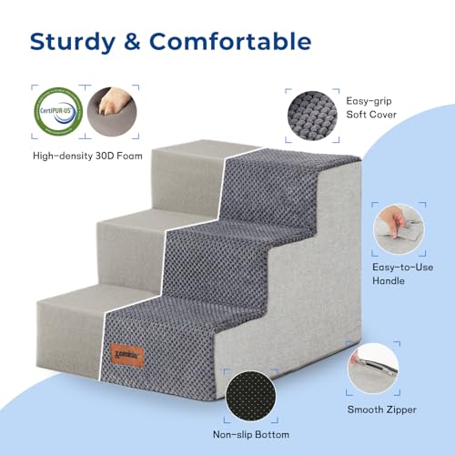 ZOMISIA Dog Steps for Couch - Pet Stairs for Small Dogs and Cats, Dog Steps with Non-Slip Bottom Grey 3 Steps, Grey
