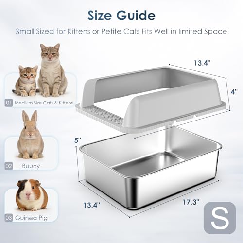 Suzzipaws Stainless Steel Litter Box with Lid, 17.3”×13.4”×9" Kitty Litter Box for Kittens & Small Pets, High Sides Metal Cat Litter Box for Leak Proof, Easy to Clean, Non-Stick, Odor Control