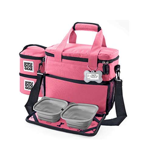 Mobile Dog Gear, Week Away Dog Travel Bag for Small Dogs, Includes Lined Food Carriers and 2 Collapsible Dog Bowl, Pink